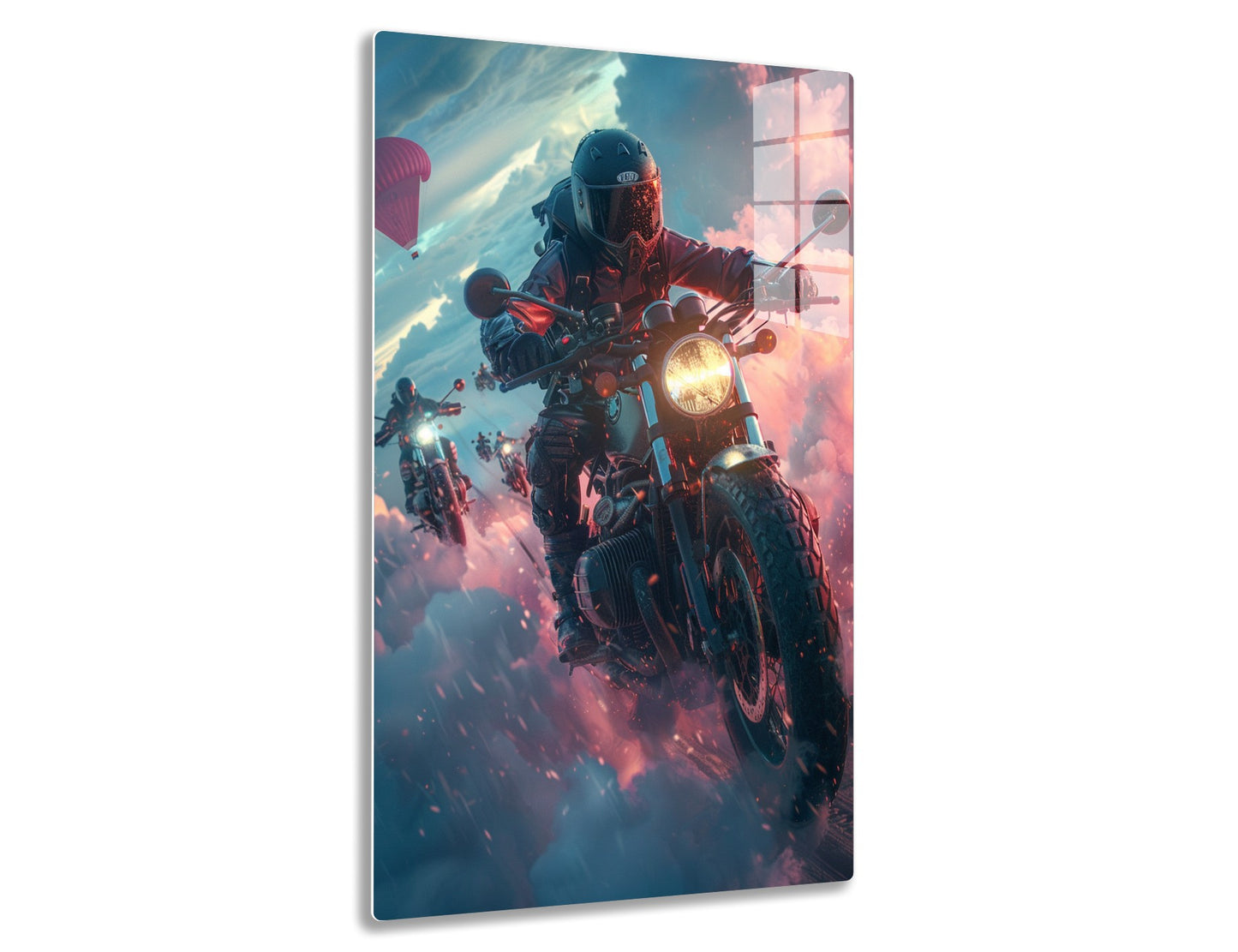 A heavily armored motorcyclist rides a powerful bike amidst colorful clouds and explosions, leading a pack of riders in an intense, action-packed scene.
