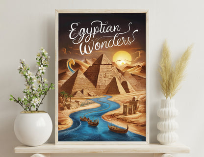 Scenic Egyptian landscape with pyramids, river, boats, and setting sun, promoting "Egyptian Wonders" with stylized text.
