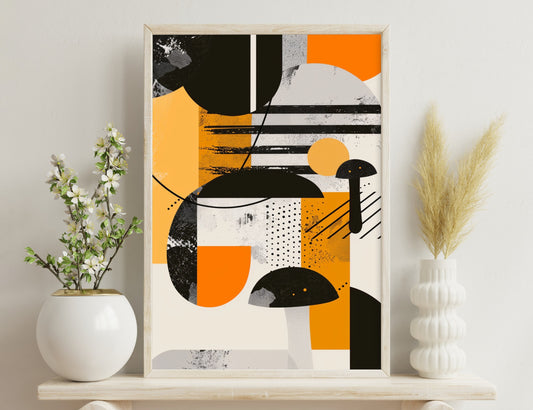 Abstract geometric composition in black, white, gray and shades of orange, featuring circular shapes, lines, dots and textured grunge patterns arranged in a dynamic, asymmetrical layout.
