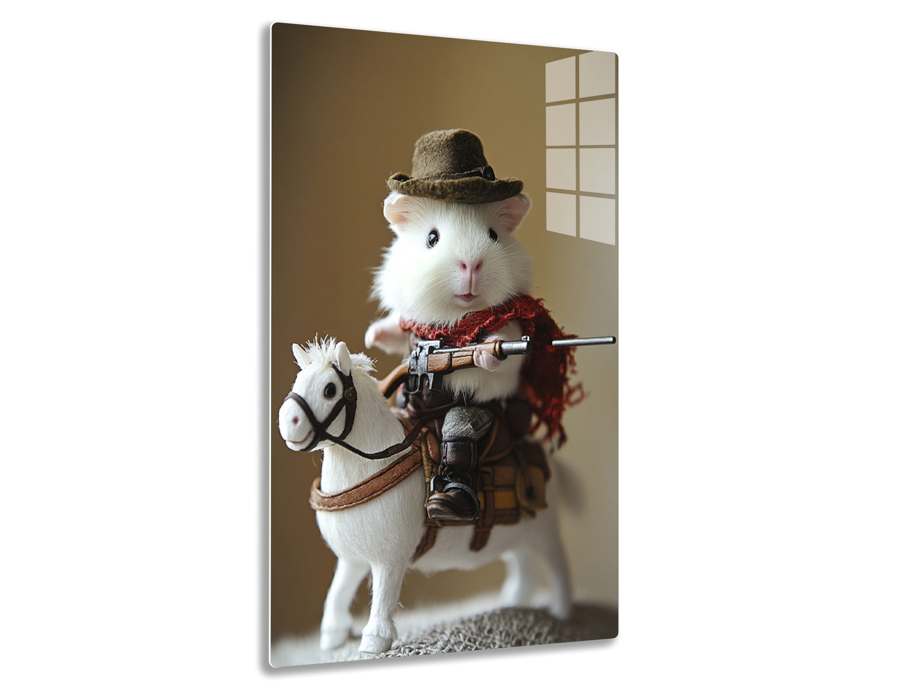 A white mouse wearing a cowboy hat and scarf holds a rifle and rides on the back of a white toy horse figurine against a tan background.
