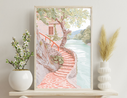 A pink stone staircase winds down a cliffside towards a serene lake, with a vine-covered cottage perched above and a gnarled tree providing shade over the idyllic scene.
