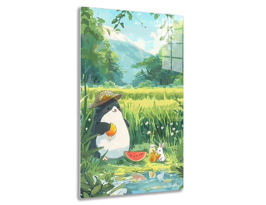 A penguin wearing a straw hat sits in a grassy meadow, eating a watermelon slice, with a rabbit companion beside a jar of honey, surrounded by lush greenery, a mountain in the background.
