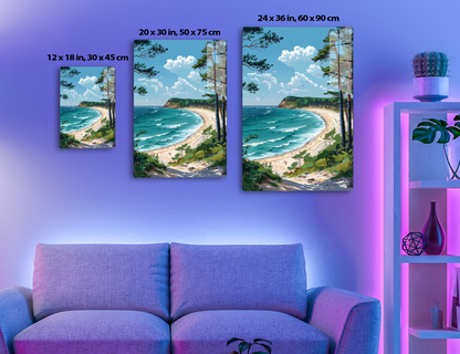 A scenic seashore landscape with tall pine trees framing the view of a sandy beach, crashing turquoise waves, towering cliffs, and billowing white clouds in a bright blue sky.
