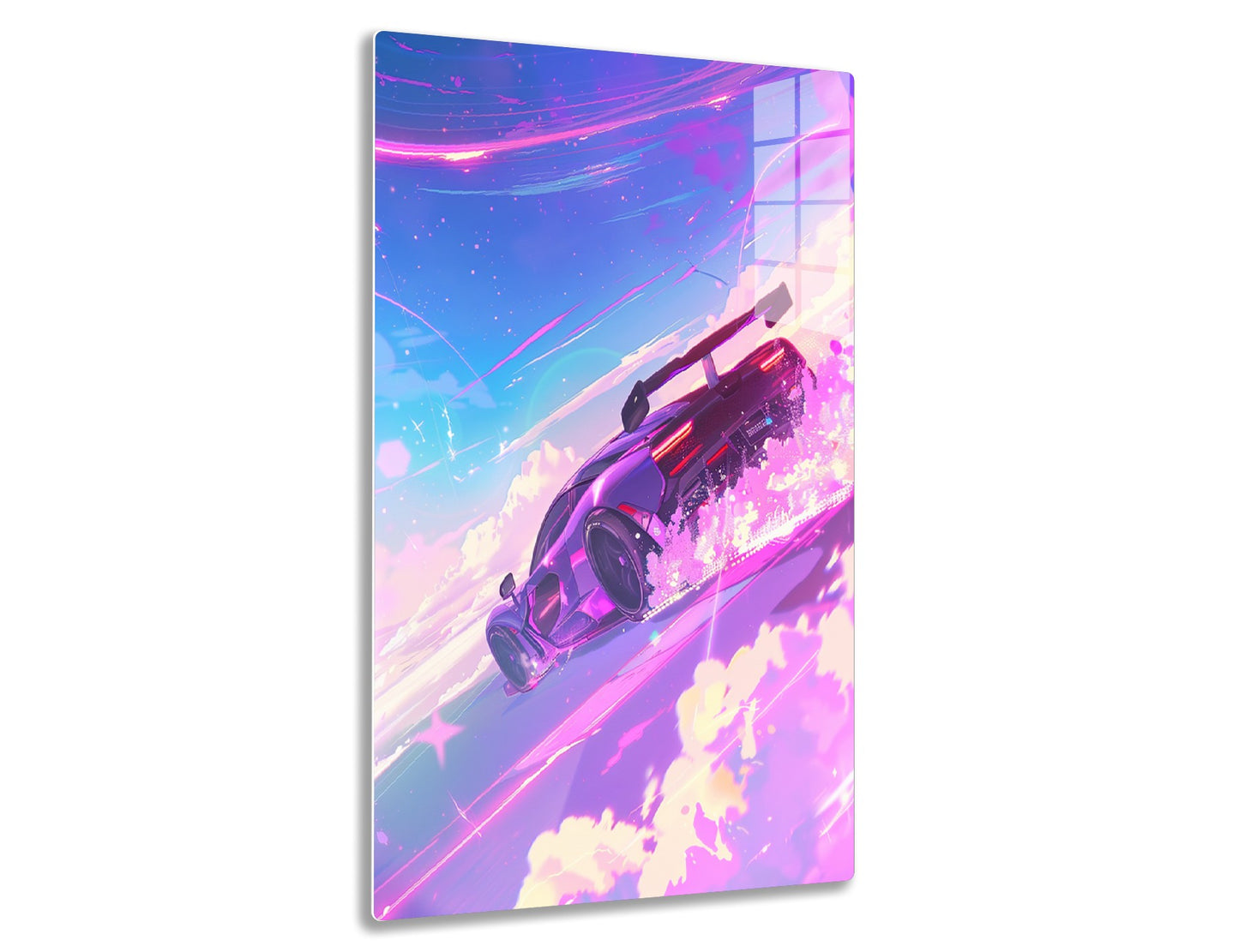 A stylized digital illustration depicting a futuristic purple hover car speeding through a vibrant cosmic sky with streaks of light trails and abstract cloud-like formations in shades of pink, blue, and yellow.
