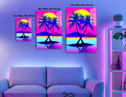 Tropical sunset scene with two intertwined palm trees silhouetted against a pink and yellow sky, reflected in calm turquoise waters with mountains in the background.
