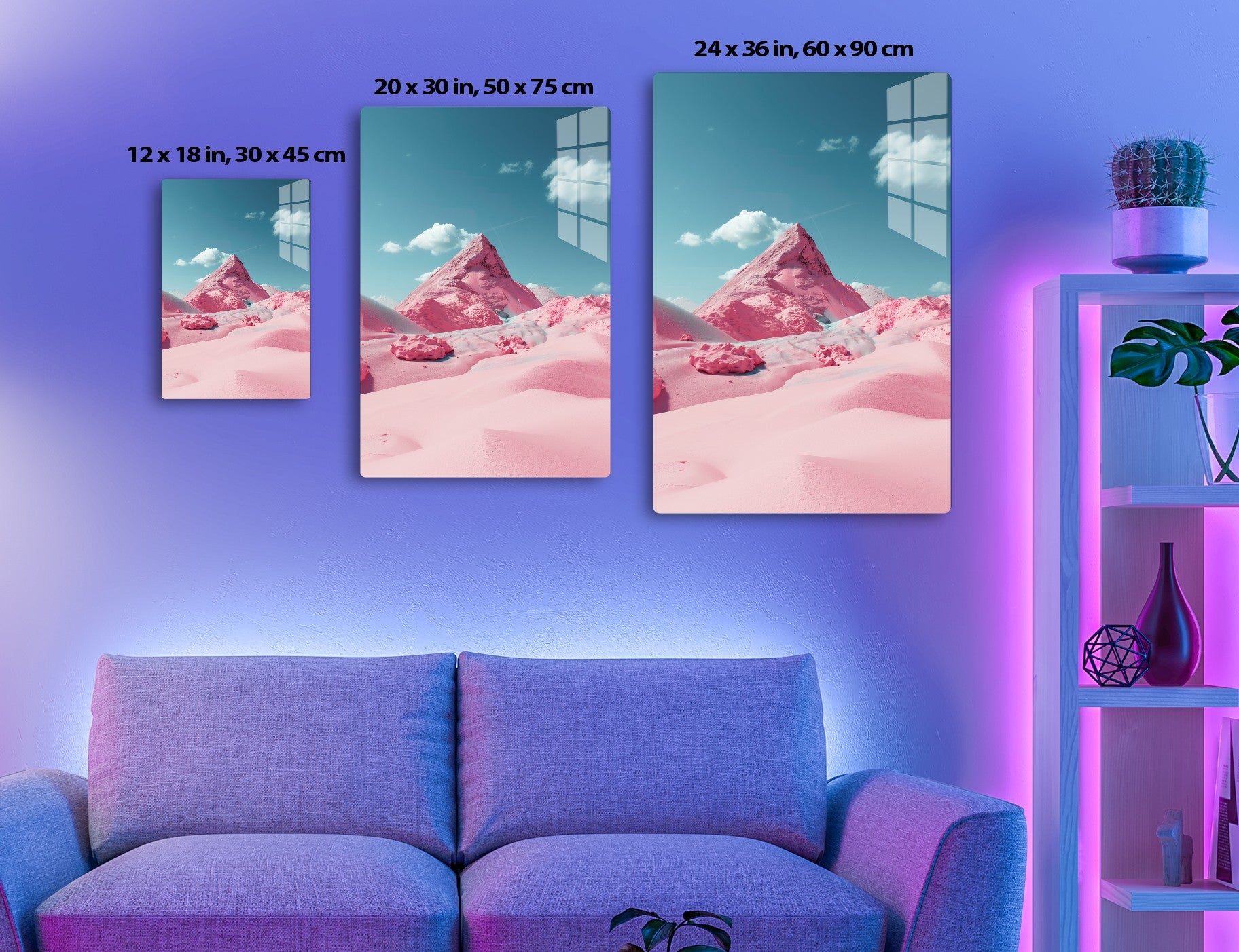 A surreal, mountainous pink landscape with a prominent pyramidal peak against a blue sky with white clouds. The snow-capped terrain appears tinted in vivid shades of pink, creating a dreamlike and otherworldly scene.
