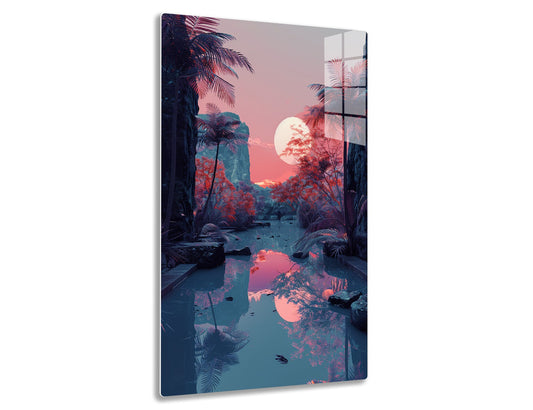 A surreal landscape with a large full moon, towering rock formation, and vibrant red foliage reflected in a calm lake surrounded by palm trees under a pink sunset sky.
