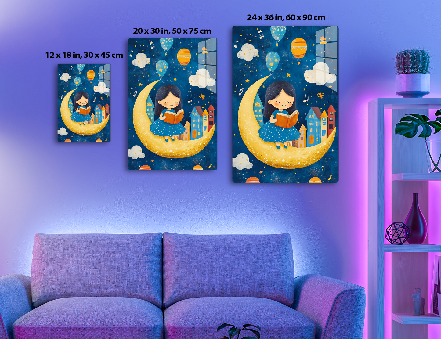 A young girl with black hair sits reading a book on a crescent moon against a starry night sky filled with hot air balloons, clouds, music notes, and whimsical buildings.
