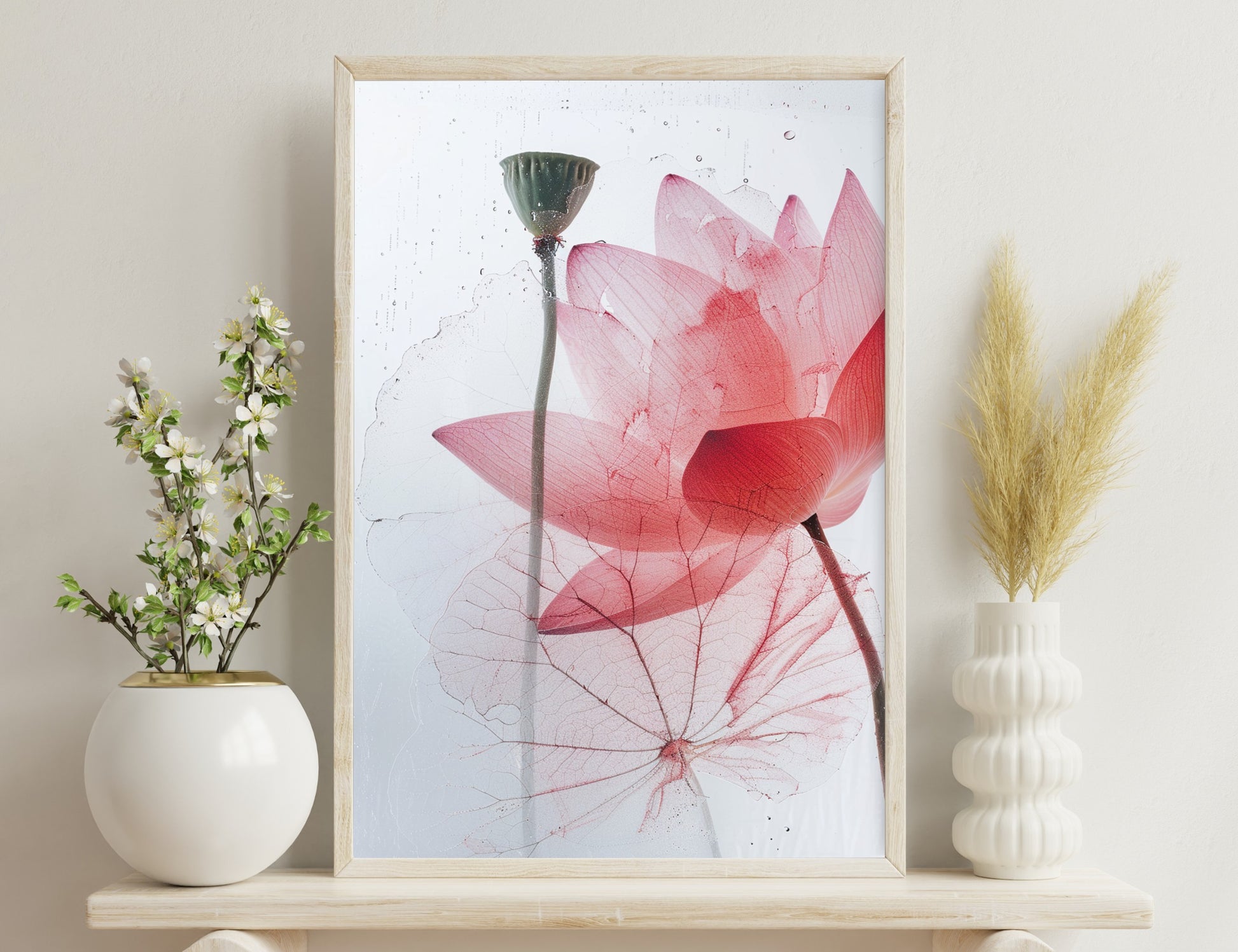 A stylized red and pink lotus flower with vein-like lines and a green glass chalice shape emitting bubbles or droplets in an artistic watery composition.
