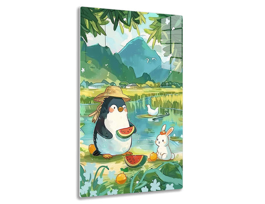 A penguin wearing a hat sits beside a rabbit, enjoying watermelon slices in a scenic wetland with a large smiling mountain in the background, surrounded by lush greenery and a duck on the water.
