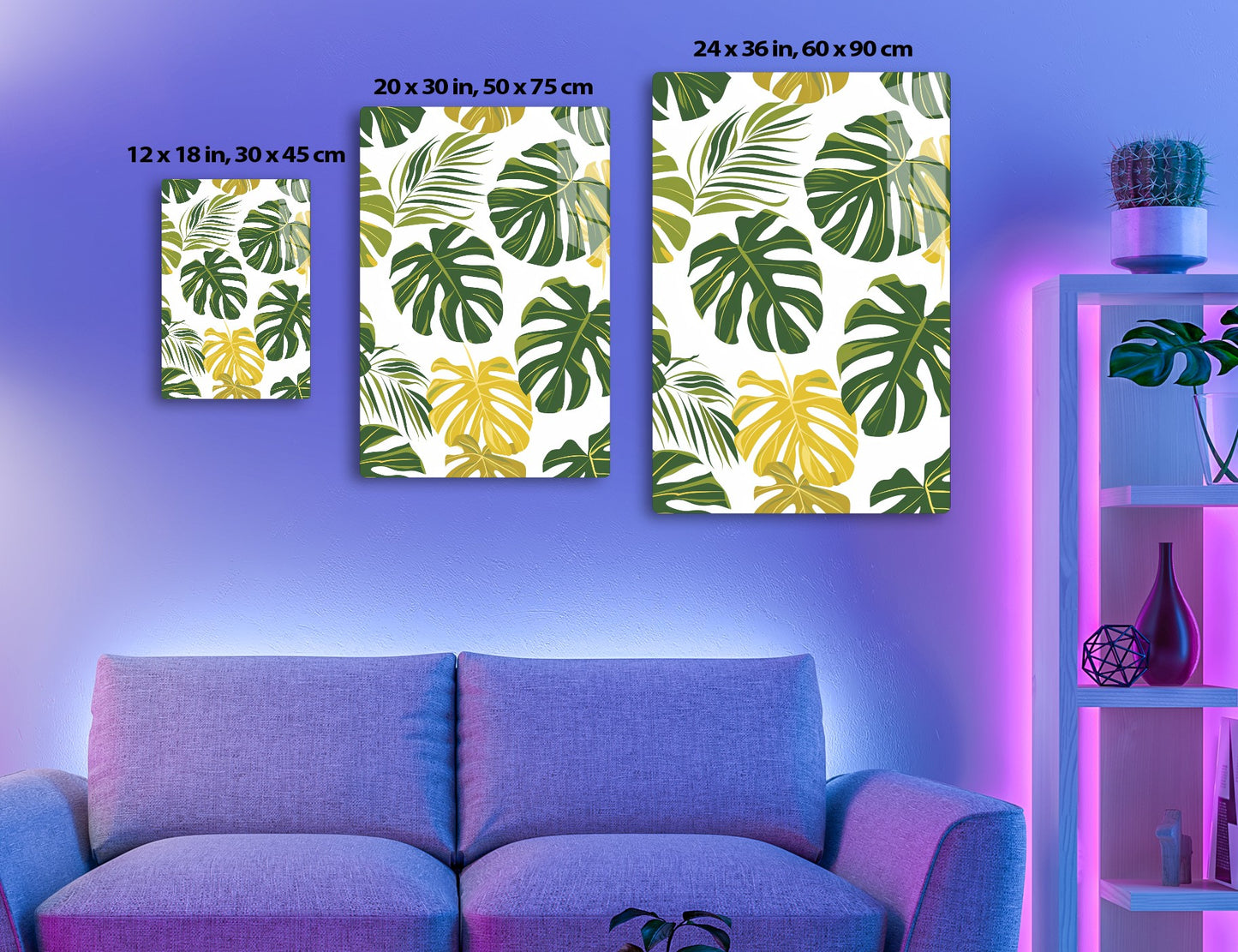 A pattern of stylized tropical green and yellow leaves on a white background, depicting various types of monstera and palm fronds in a botanical print design.
