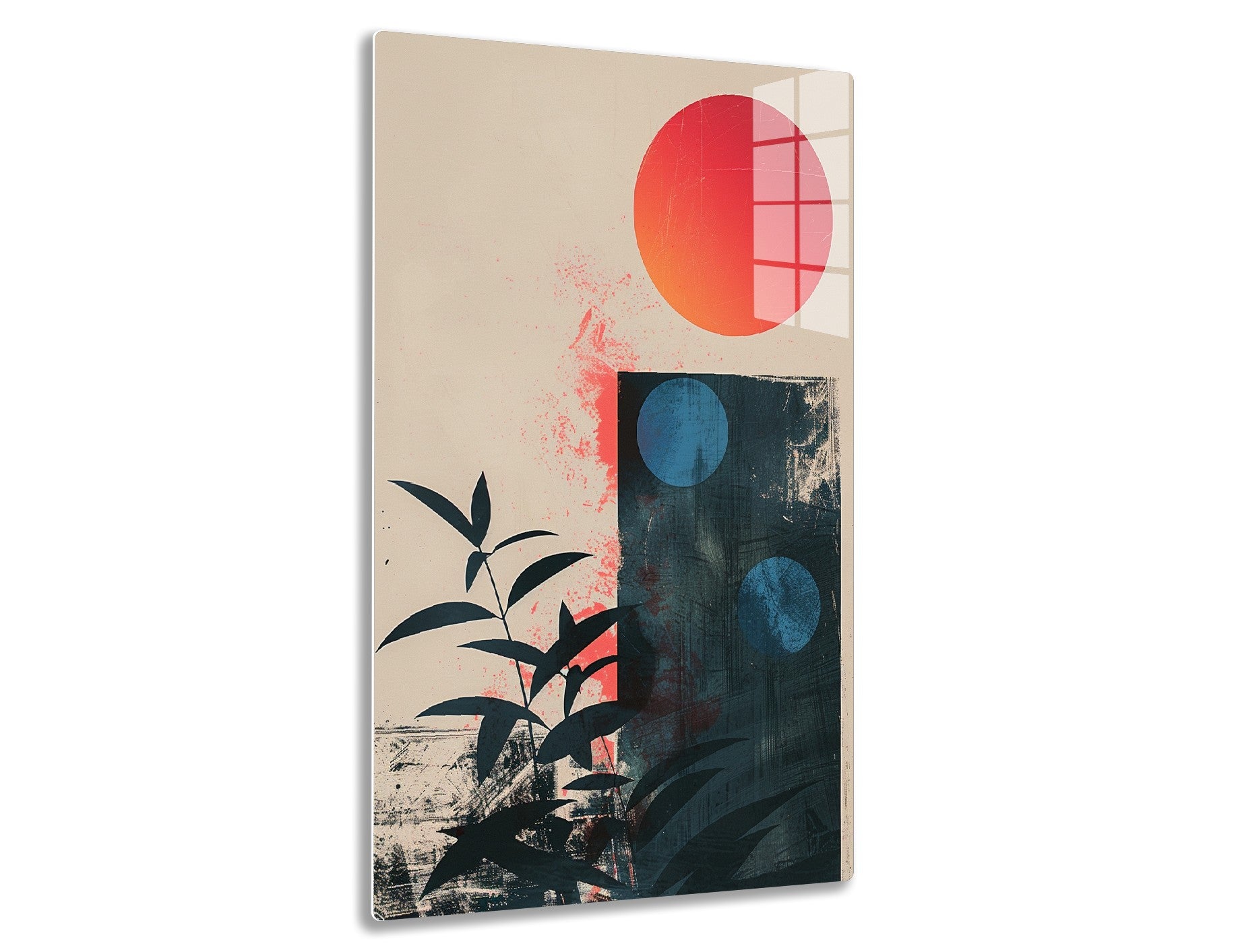 A contemporary abstract artwork featuring a large red-orange sun or circle, blue circles, a black silhouetted plant or leaves, and textured layers with splatters in shades of red, orange, blue, and black.
