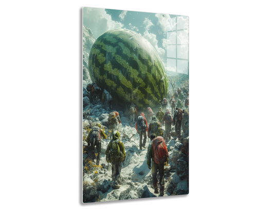 A surreal scene of people trekking through a snowy landscape towards a massive watermelon-shaped sphere covered in lush greenery and trees, creating a striking contrast between the natural and the fantastical elements.
