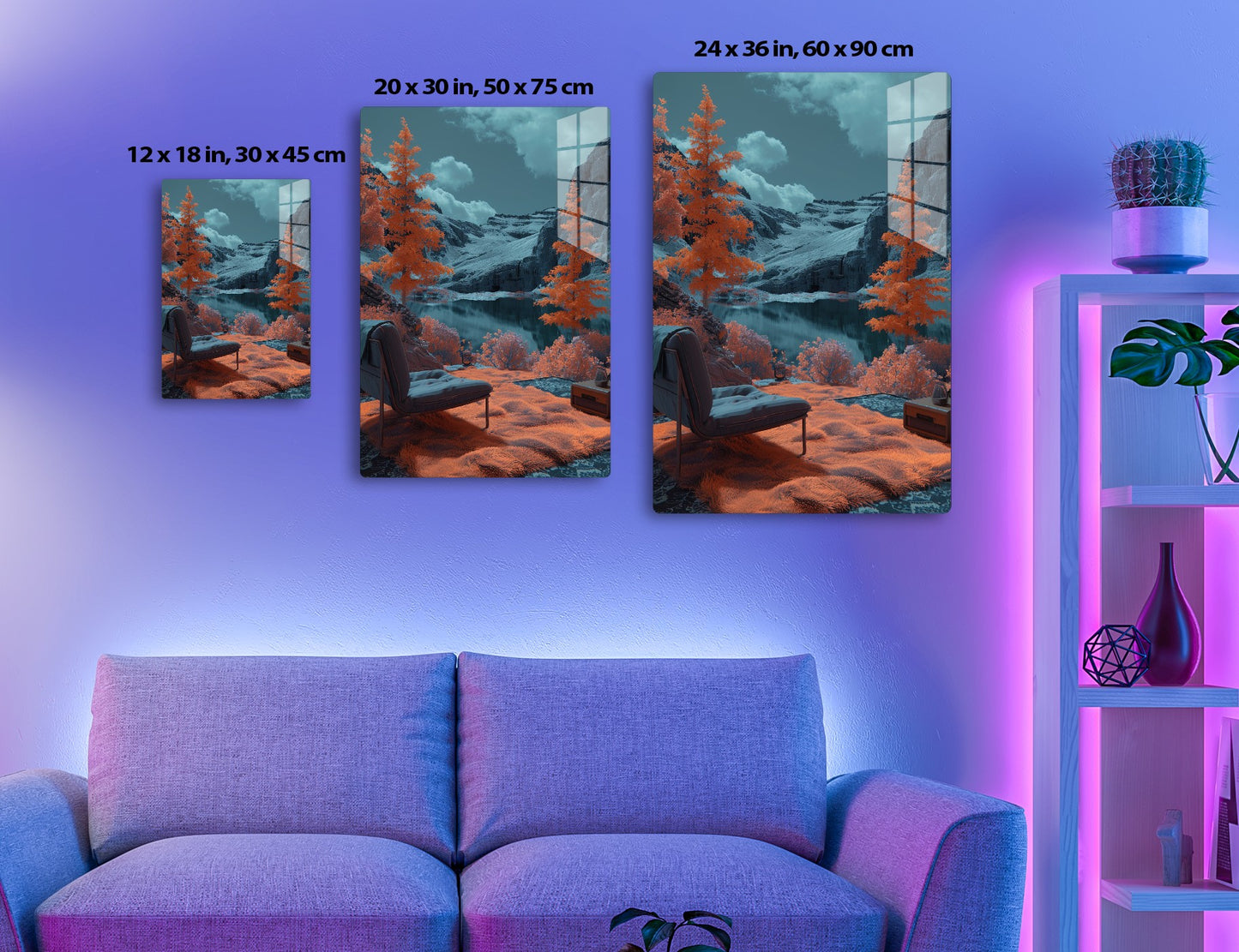 A serene mountain landscape with a frozen lake reflecting the snow-capped peaks and orange autumn foliage, featuring a cozy lounge chair and small table in the foreground, perfectly framed for a relaxing escape.
