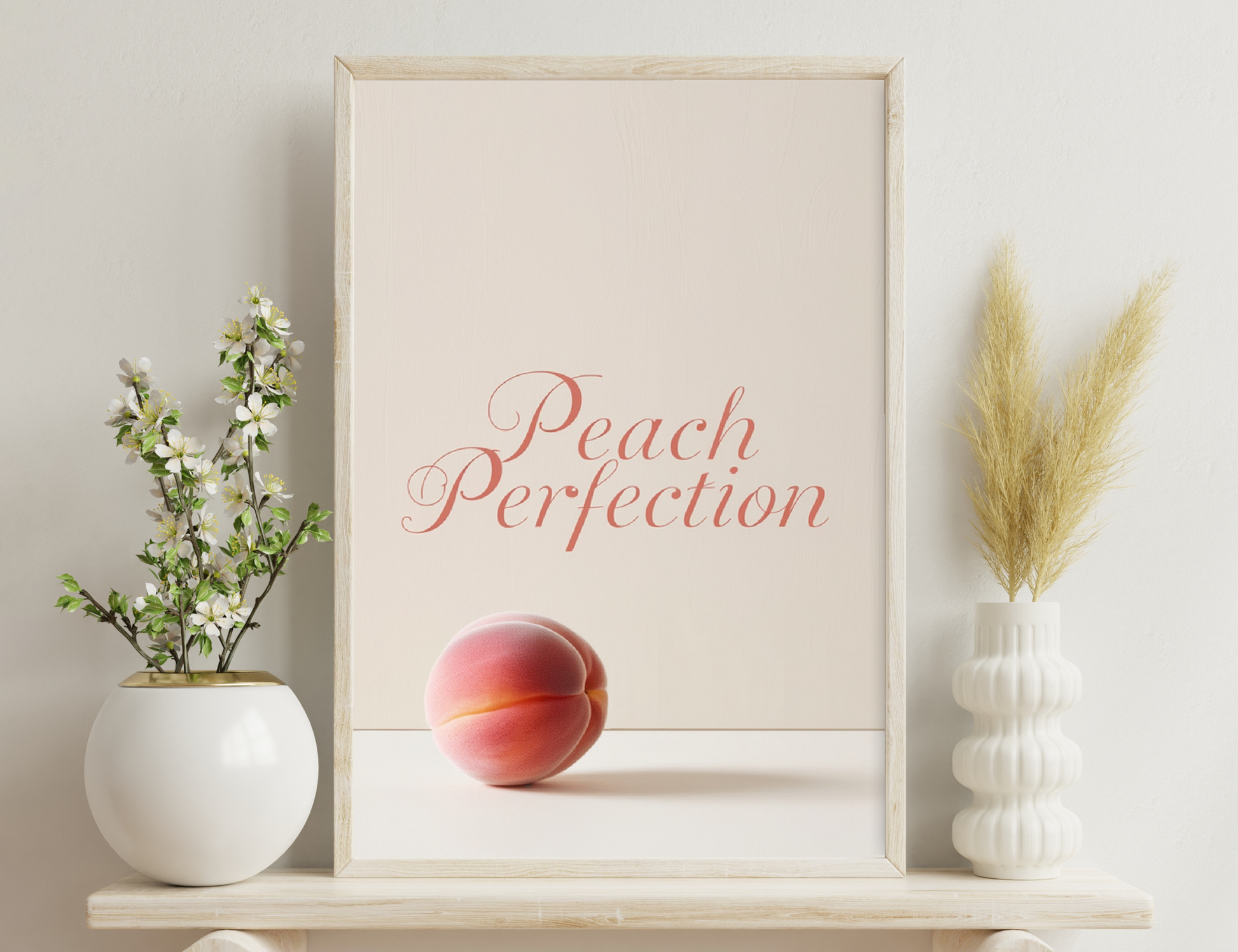 A single peach against a light background, with the text "Peach Perfection" written in a cursive reddish-pink font above the peach.
