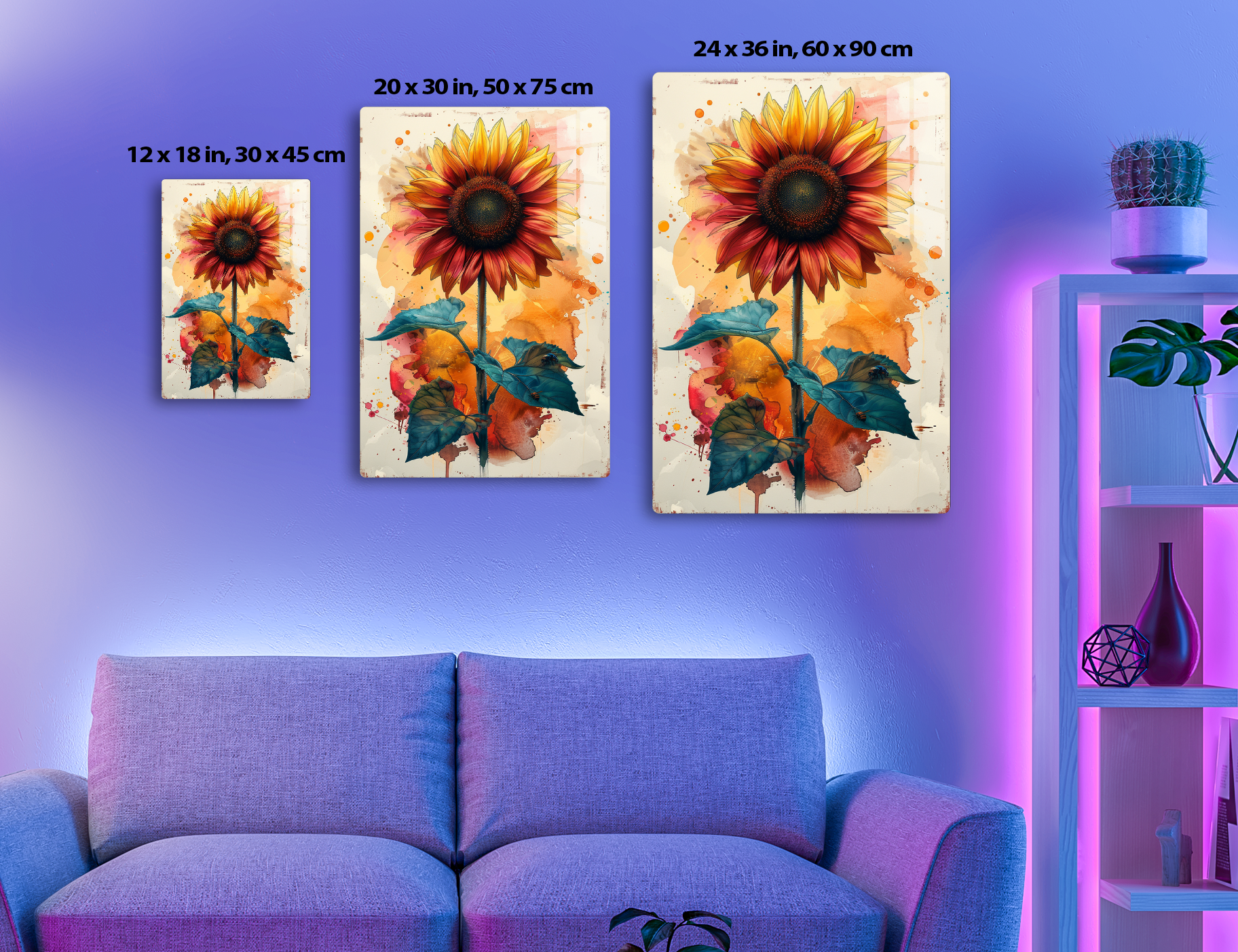 A vibrant watercolor painting of a sunflower with yellow and orange petals, a dark brown center, and teal green leaves on a colorful abstract background with splatters and brush strokes.
