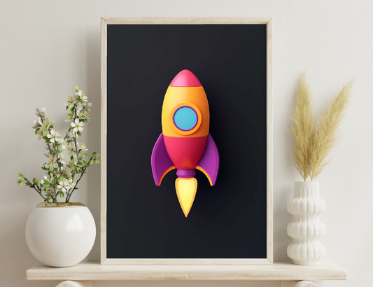 A stylized 3D rocket in vibrant colors of pink, yellow, orange, purple, and teal against a black background.
