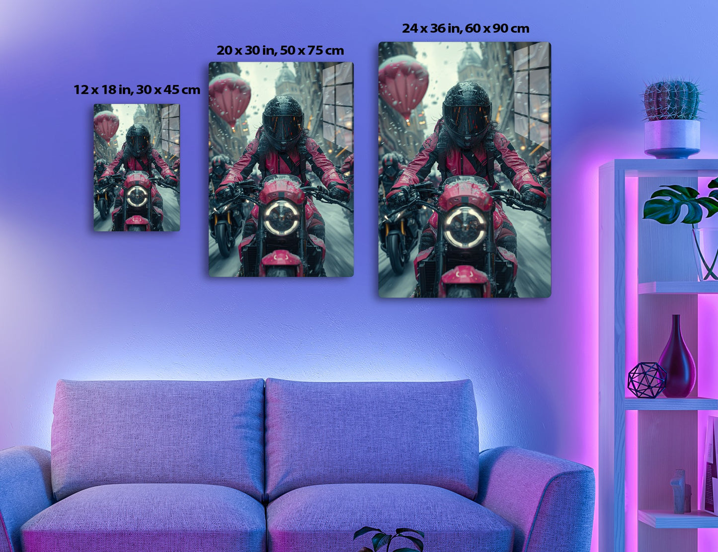 A futuristic biker in a red and black armored suit rides a motorcycle through a rainy, neon-lit city street, with towering buildings and a large balloon in the background.
