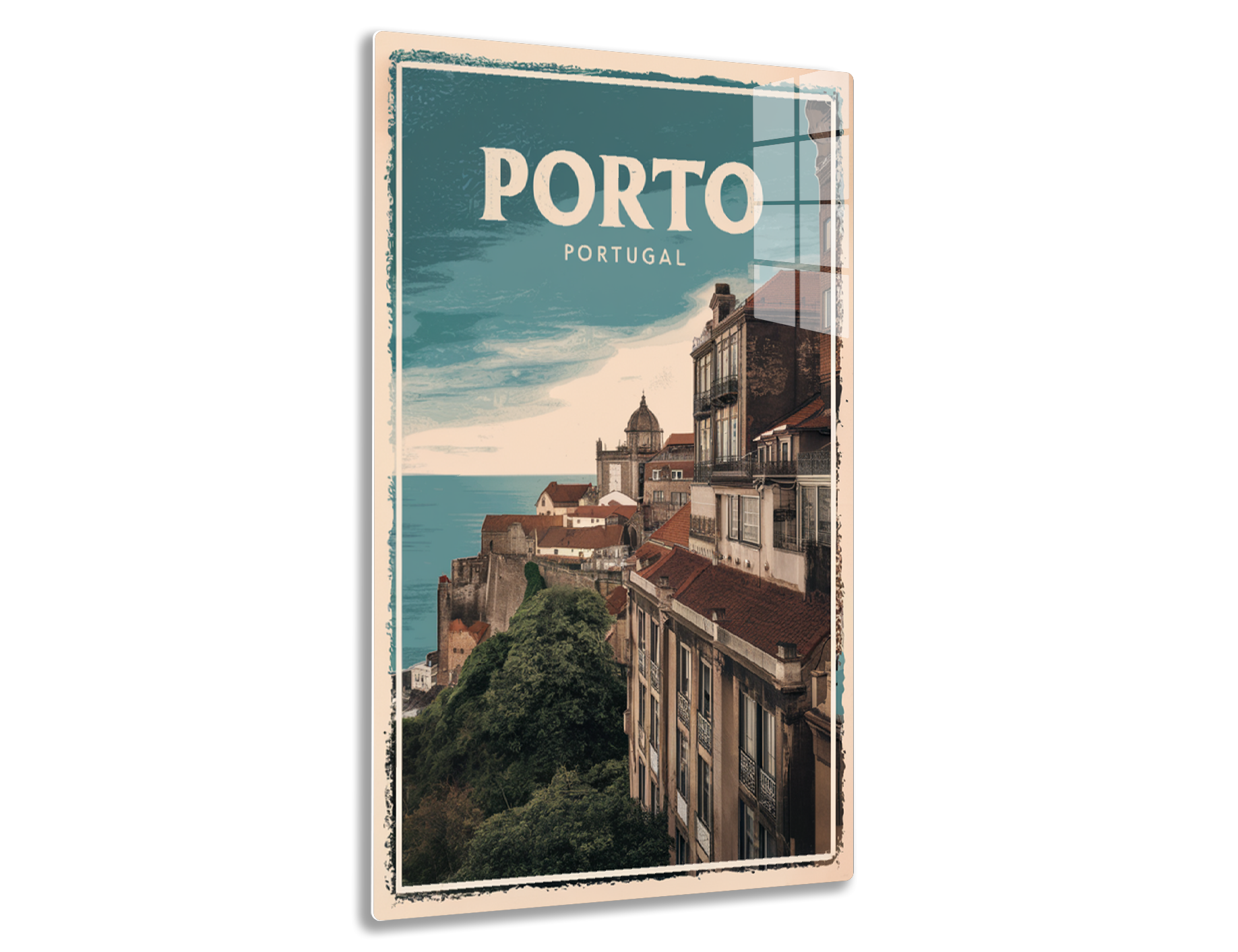 Vintage travel poster depicting a scenic view of Porto, Portugal, showcasing colorful historic buildings with tiled roofs overlooking the water and a church dome in the background against a blue sky.
