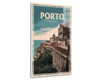 Vintage travel poster depicting a scenic view of Porto, Portugal, showcasing colorful historic buildings with tiled roofs overlooking the water and a church dome in the background against a blue sky.
