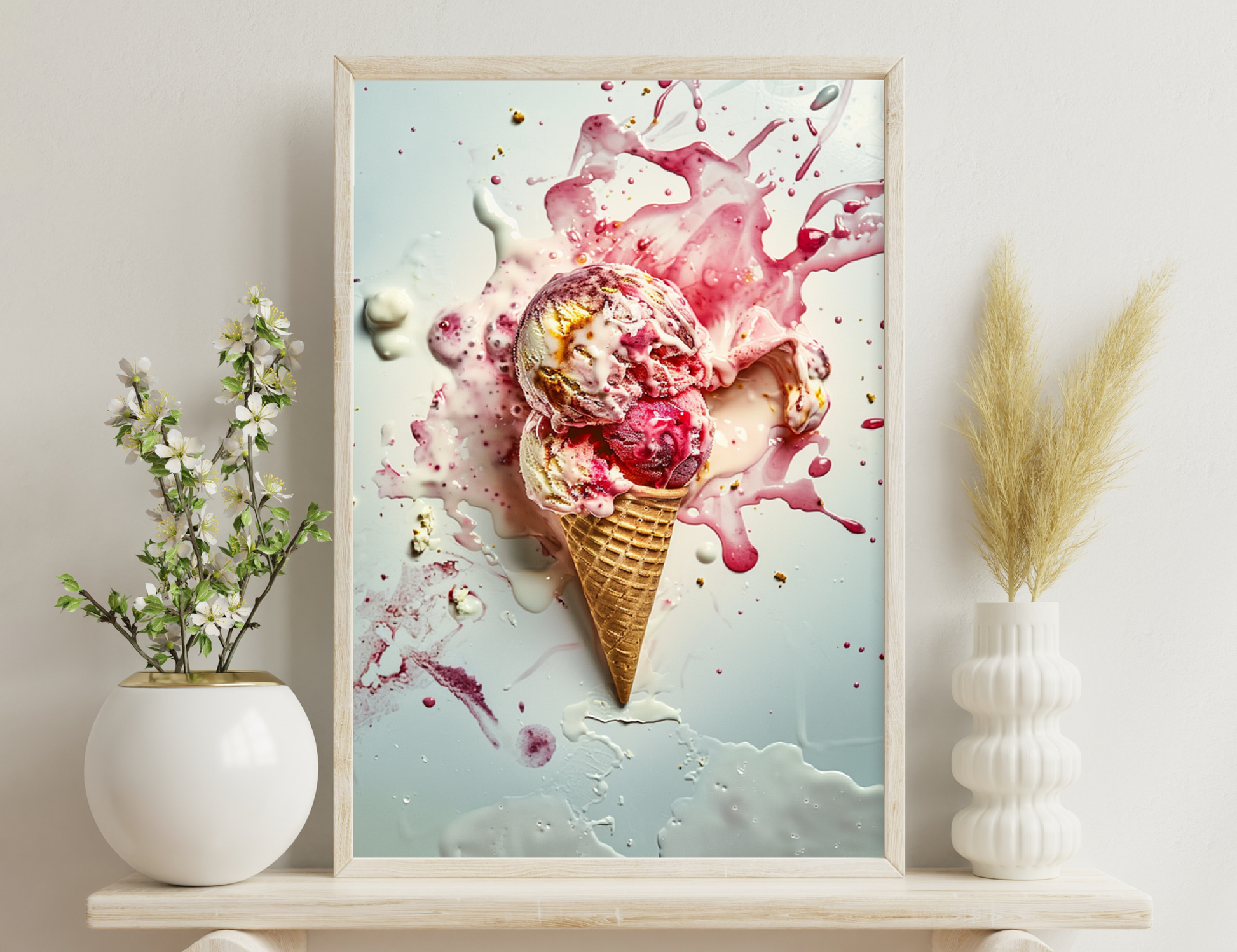 An artistic splash of ice cream in shades of pink and red, evoking the impression of an explosive dessert indulgence, with a waffle cone at the center surrounded by splatters and droplets against a stark white background.
