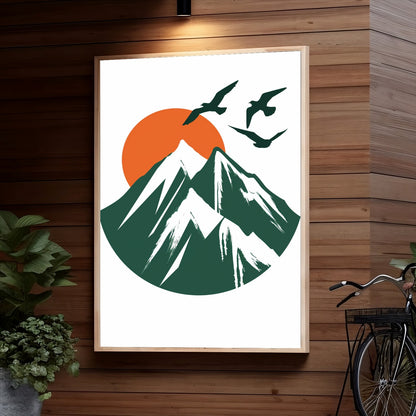 Mountain scene with orange sun behind snowy peaks and birds flying overhead
