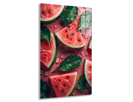 Juicy watermelon slices with green leaves and water droplets on a pink background. A refreshing and vibrant summer fruit composition.
