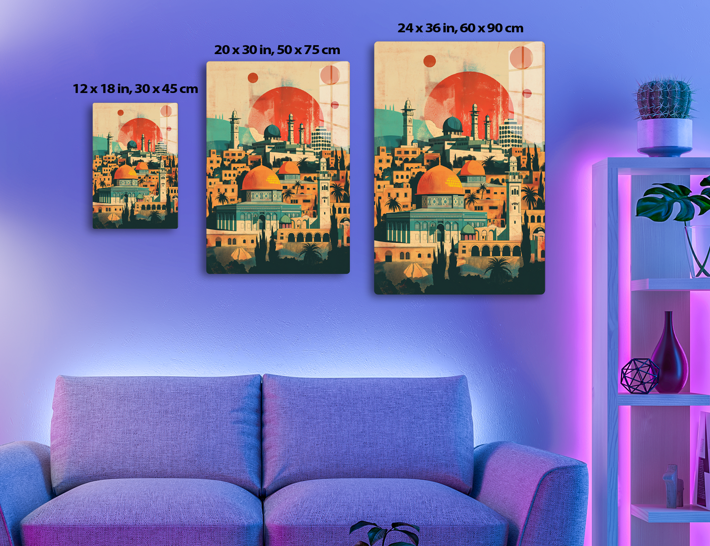 An artistic illustration depicting an ornate Middle Eastern city skyline with domed mosques, towering minarets, and palm trees set against an orange and red sunset sky with large circular shapes representing the sun or moon.
