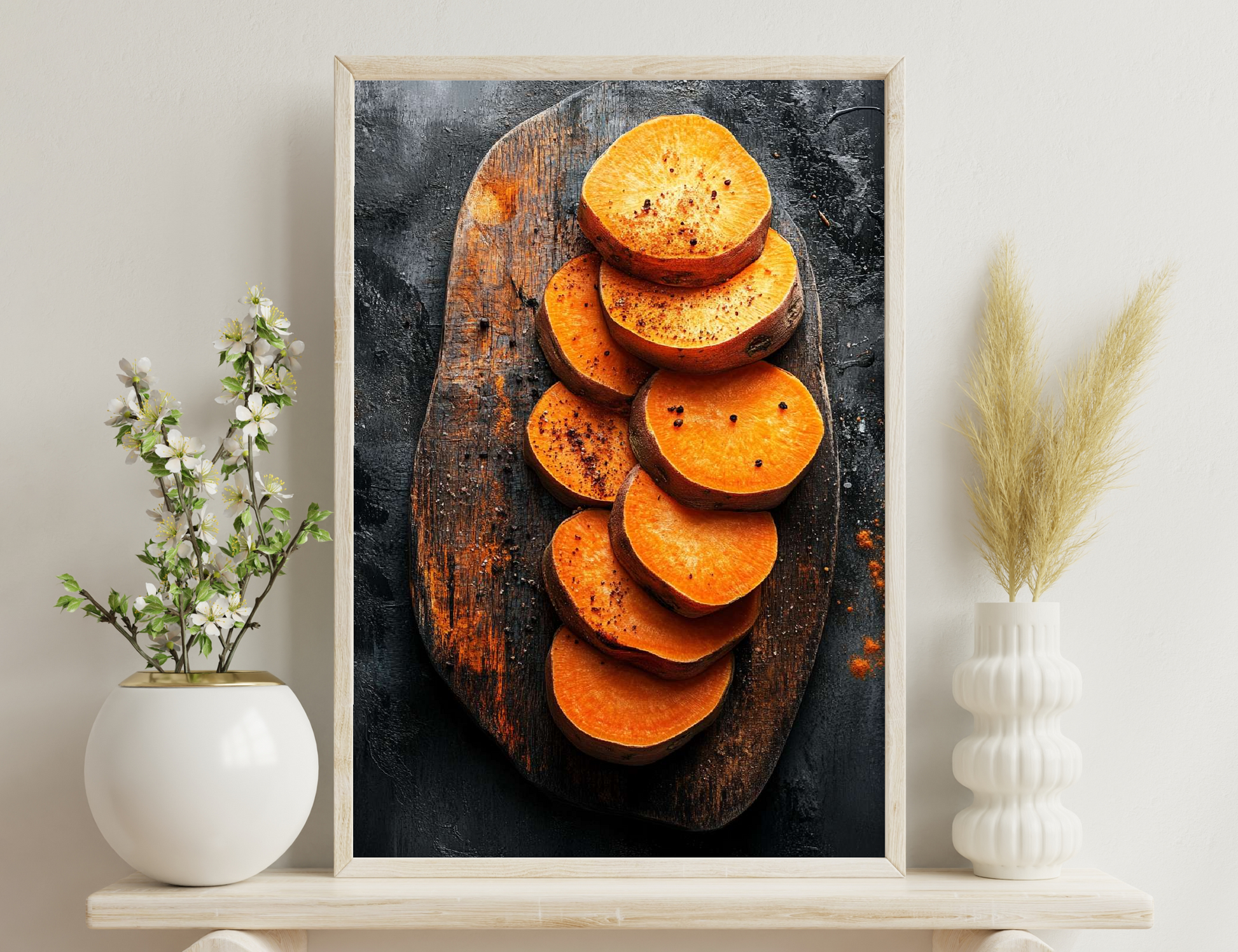 Sliced sweet potatoes arranged in a stack on a worn wooden board, speckled with spices, creating an vibrant orange and rustic display.
