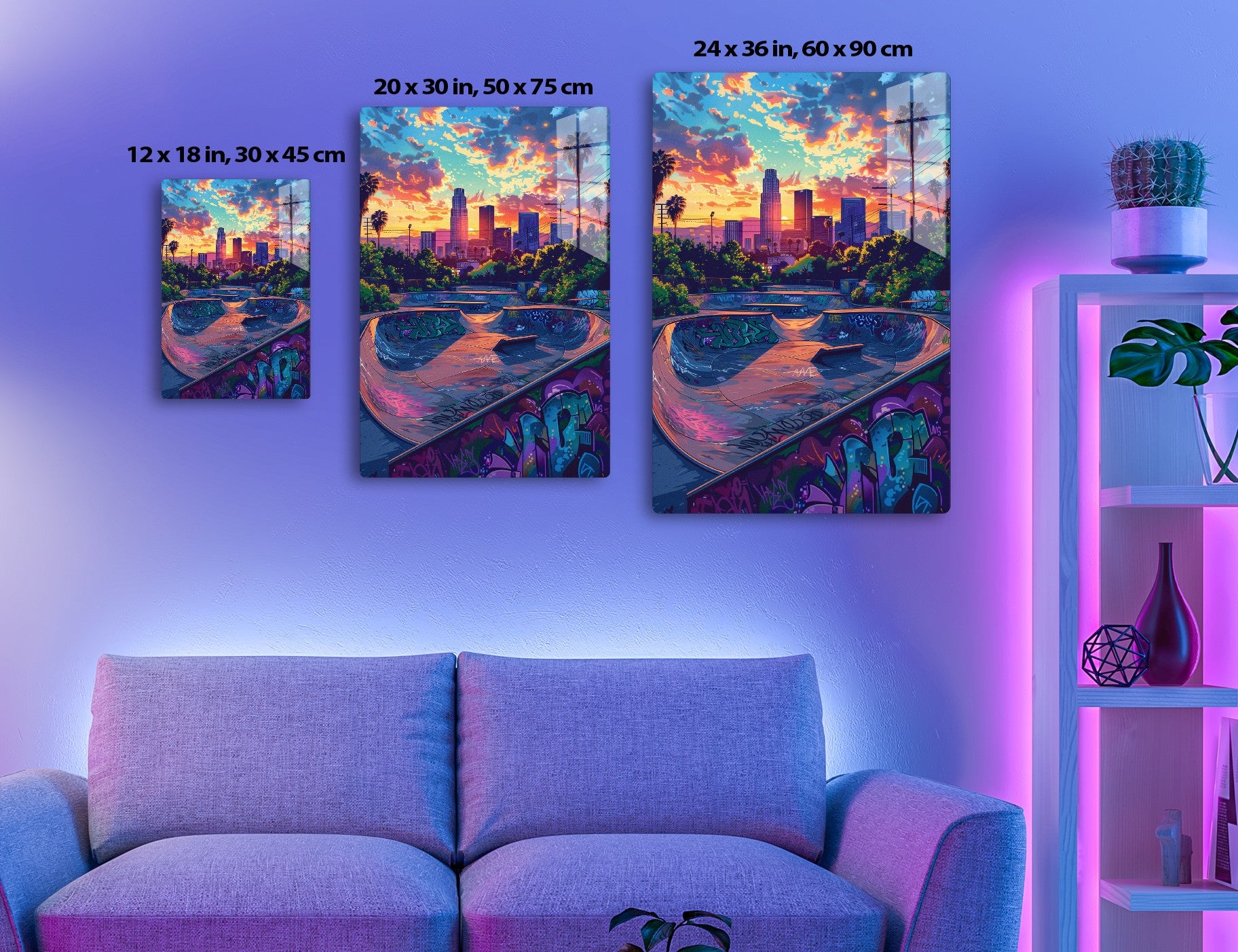 An urban skate park with vibrant graffiti and the Los Angeles skyline at a colorful sunset. Palm trees and power lines frame the dramatic cityscape backdrop.
