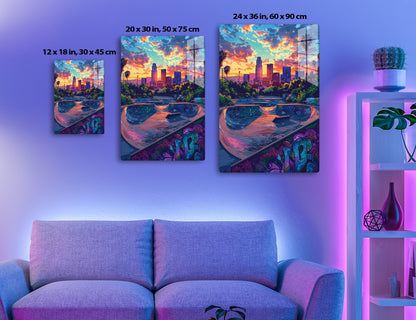 An urban skate park with vibrant graffiti and the Los Angeles skyline at a colorful sunset. Palm trees and power lines frame the dramatic cityscape backdrop.
