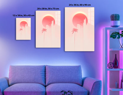 Palm tree and city skyline silhouetted against a large red sun in a minimalist style illustration depicting a warm, tropical urban setting.
