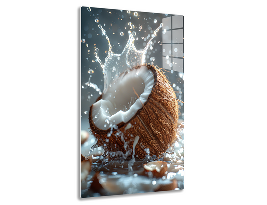 A coconut shell engulfed by splashing water droplets creates a dynamic liquid sculpture effect, with intricate patterns on the shell contrasting against the frozen motion of the water splash.
