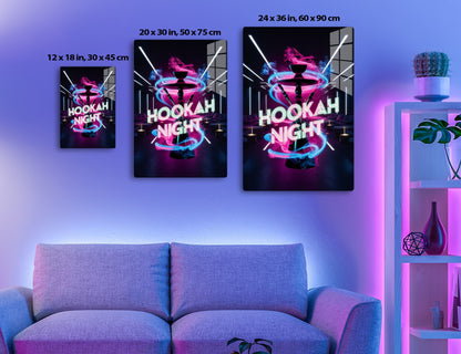 An abstract neon illustration featuring a hookah with swirling pink and blue smoke, surrounded by glowing lines and the text "Hookah Night" in futuristic lettering, creating a vibrant, stylized atmosphere.
