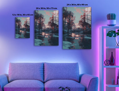 A serene lake reflects the vibrant red and orange foliage of trees lining its banks, creating a mirror-like symmetry under a soft blue and pink sky.
