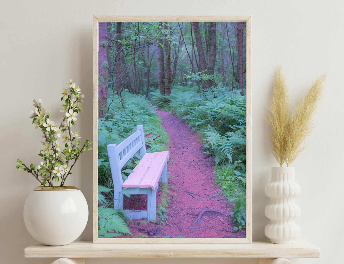 A enchanting forest trail winds through lush green foliage and tall trees, with a white wooden bench inviting visitors to rest and enjoy the serene surroundings.
