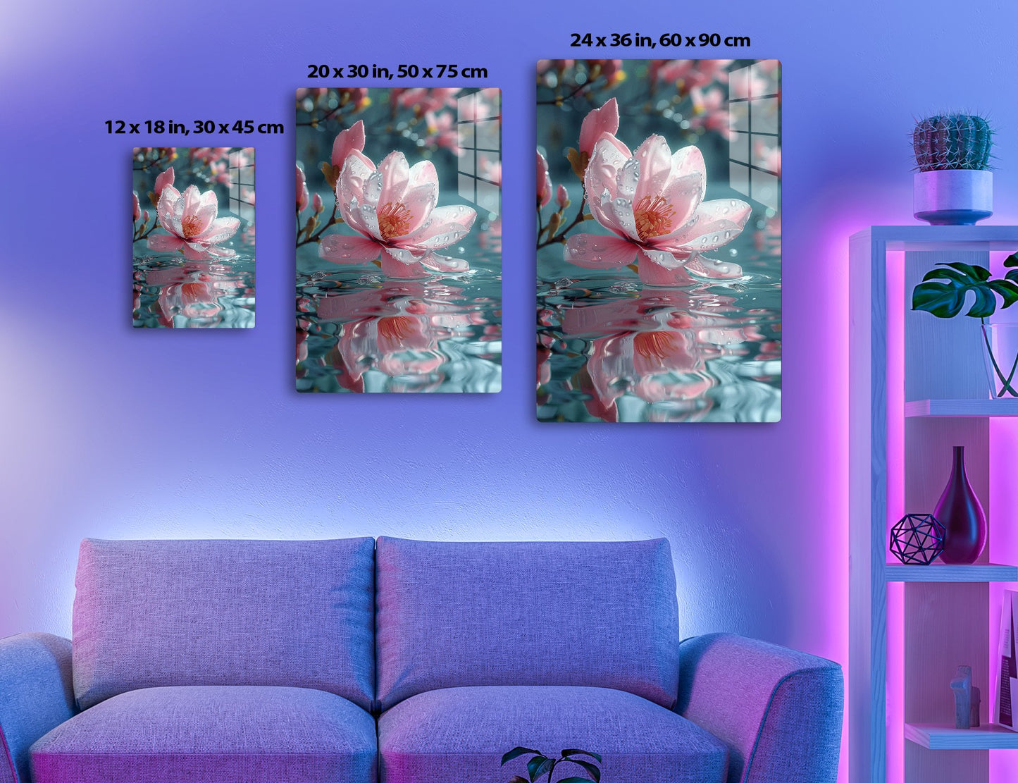 A beautiful pink lotus flower blooms in the water, adorned with delicate dewdrops on its pristine petals, reflecting in the serene ripples beneath it against a soft blurred background.
