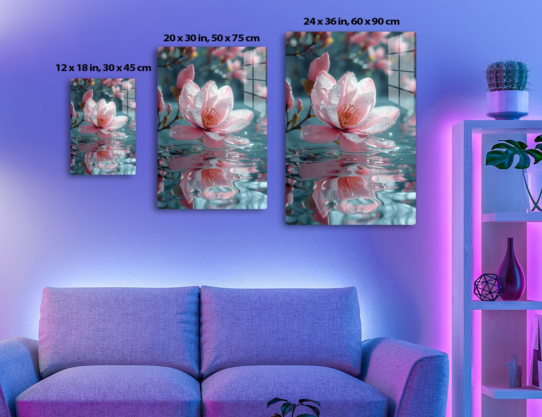 A beautiful pink lotus flower blooms in the water, adorned with delicate dewdrops on its pristine petals, reflecting in the serene ripples beneath it against a soft blurred background.
