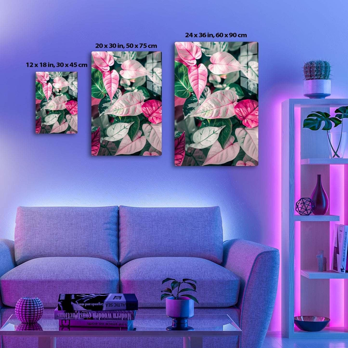 Vibrant pink and white patterned tropical leaves with veined details against a contrasting dark green background, creating an artistic botanical composition.
