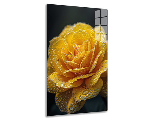 A close-up of a yellow rose blossom, covered in glistening water droplets, standing out against a dark background.
