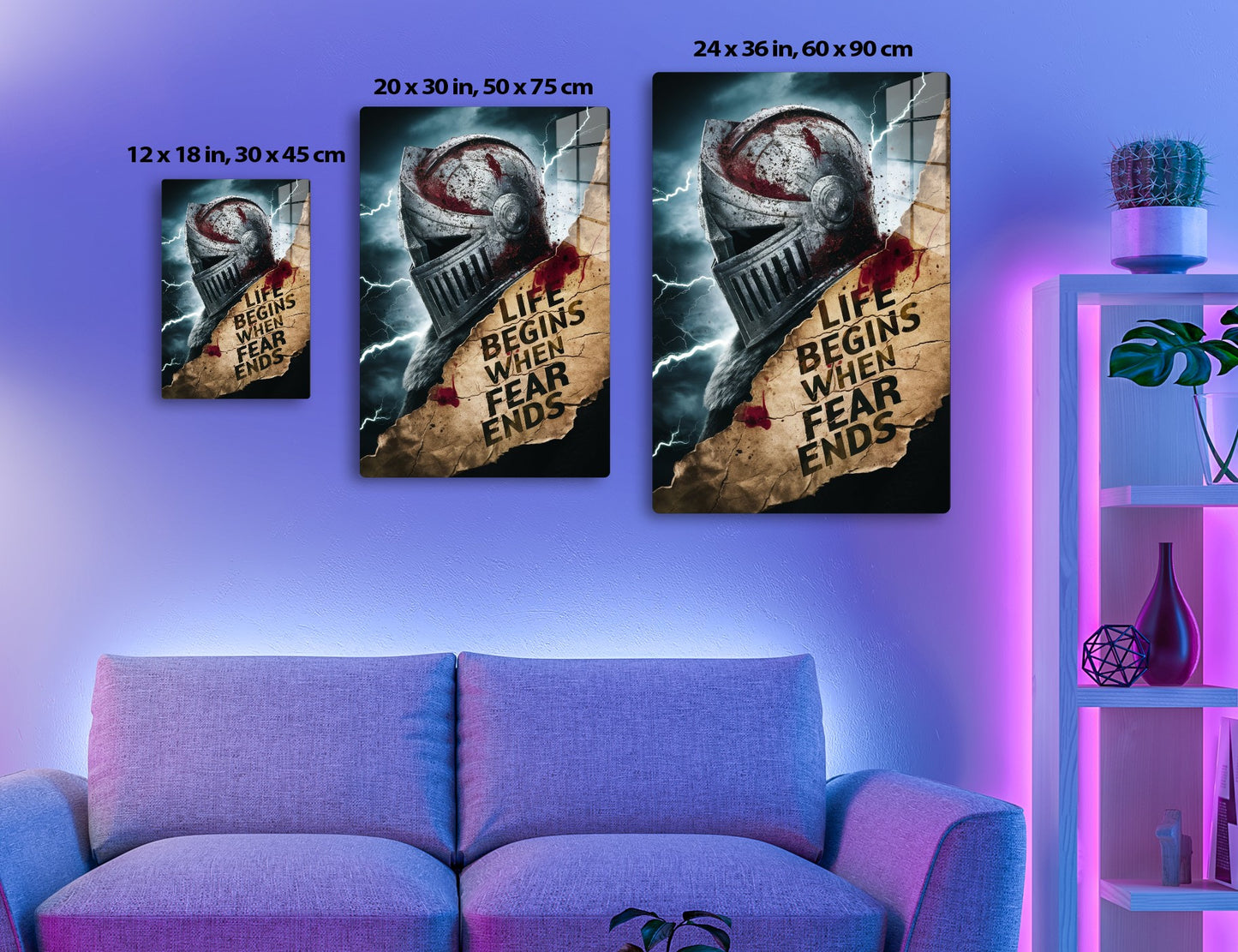 Ancient medieval knight's helmet splattered with blood against a stormy sky, with the text "Life begins when fear ends" suggesting courage and overcoming fear.
