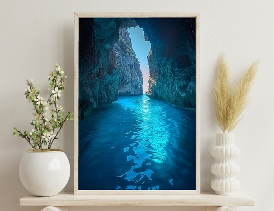 A narrow sea channel between towering rocky cliffs, revealing a glimpse of bright sky above. The water shines an intense blue, reflecting light onto the cave walls lined with intricate patterns.

