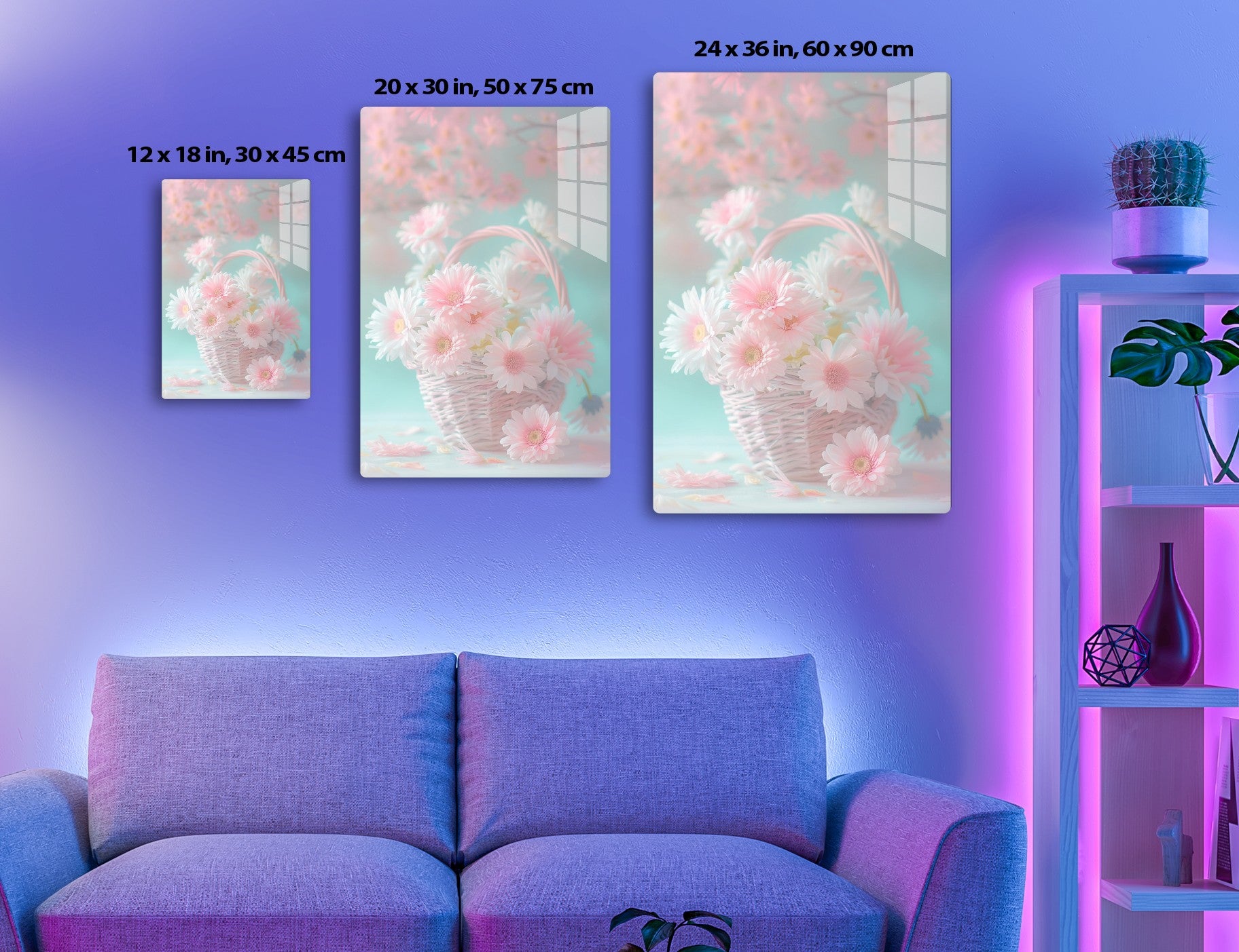 A woven basket filled with delicate pink and white chrysanthemums against a soft pastel pink and blue backdrop, creating a dreamy, feminine floral arrangement.
