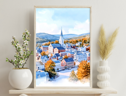 A watercolor painting depicting a charming New England town nestled amid vibrant fall foliage, featuring a prominent church steeple and quaint houses lining the hilly streets.
