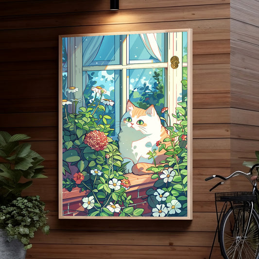 A cat sits among lush foliage and flowers on a windowsill, gazing outwards with bright green eyes as snow falls gently outside the frosted window panes.
