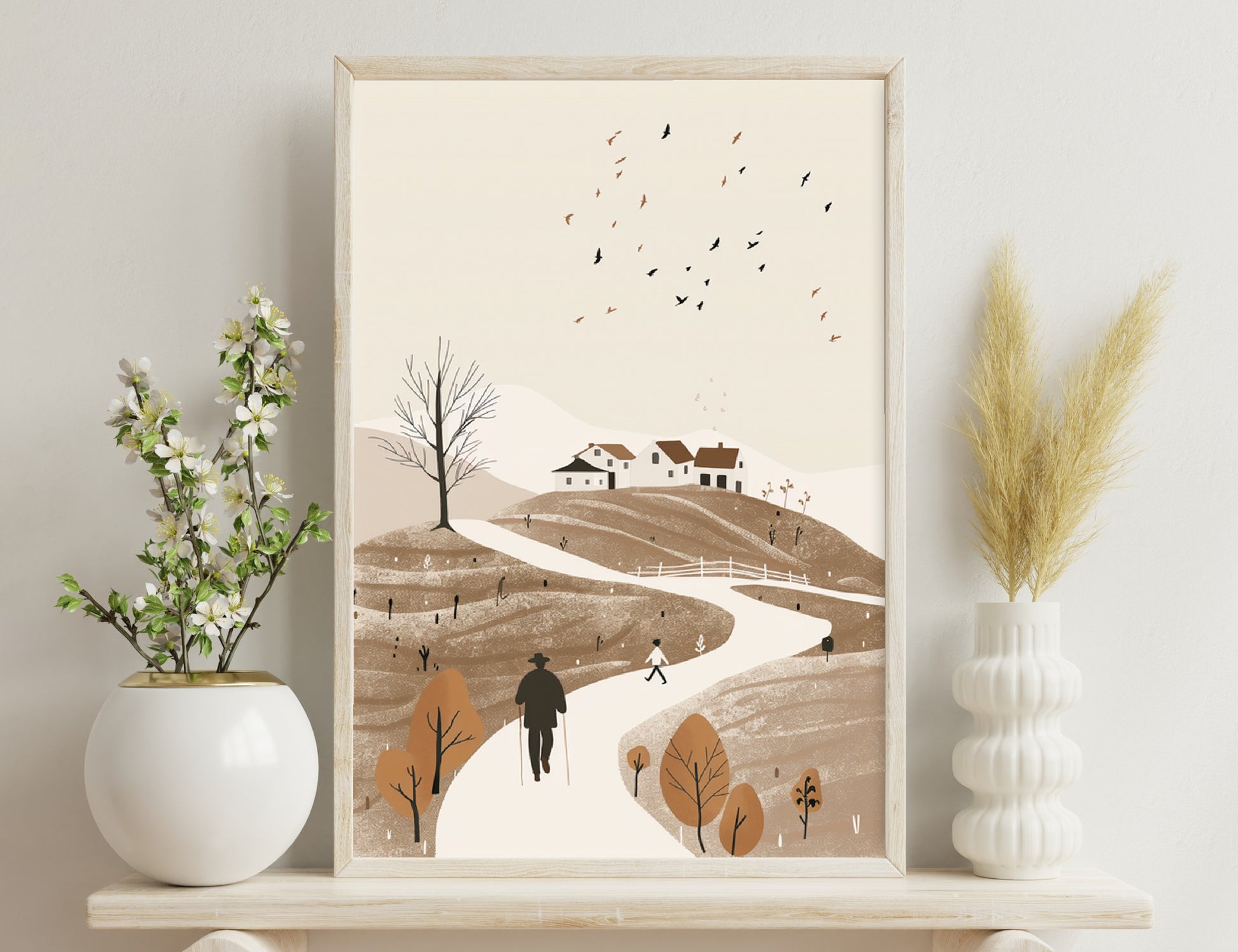 A serene winter scene depicting a village on a hill, with bare trees, winding paths, and a few people walking among the snow-covered landscape, birds flying overhead in a softly colored illustration.
