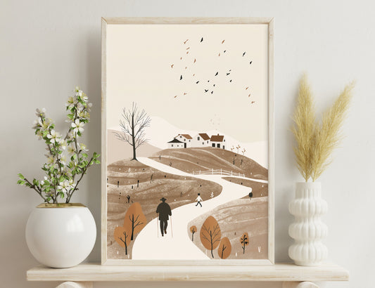 A serene winter scene depicting a village on a hill, with bare trees, winding paths, and a few people walking among the snow-covered landscape, birds flying overhead in a softly colored illustration.
