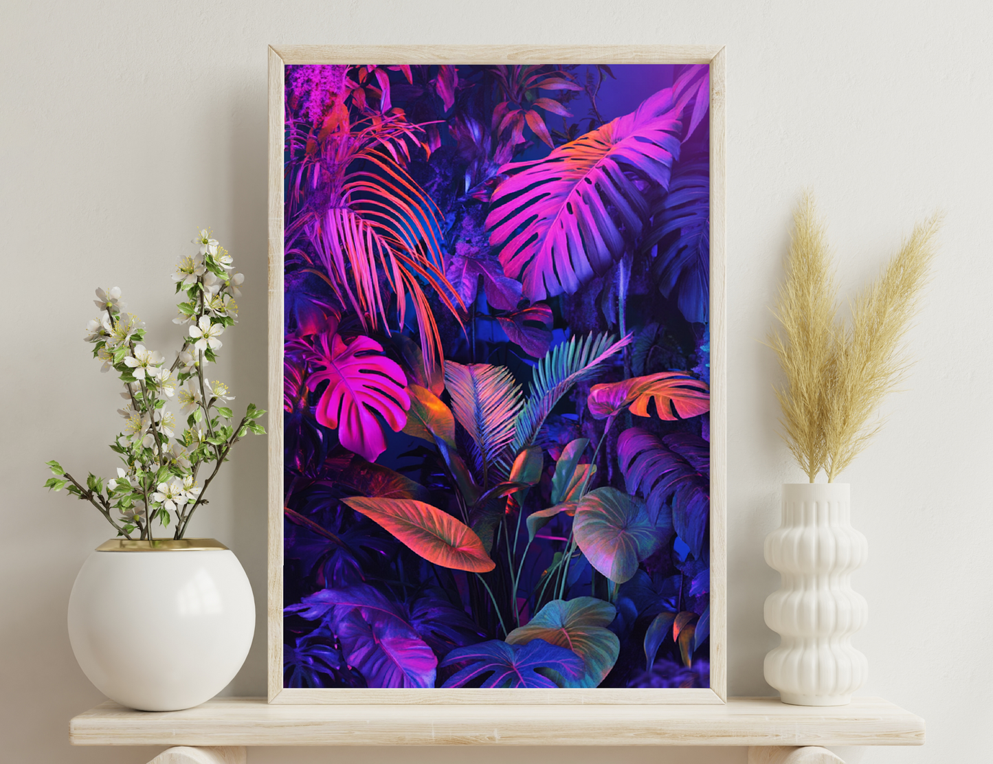 Vibrant tropical leaves in shades of purple, pink, orange, and blue creating an abstract, neon-like floral pattern.

