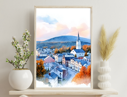 A watercolor painting depicting a picturesque town nestled in a mountainous landscape, with colorful fall foliage, a church steeple towering above the buildings, and wispy clouds in the sky.
