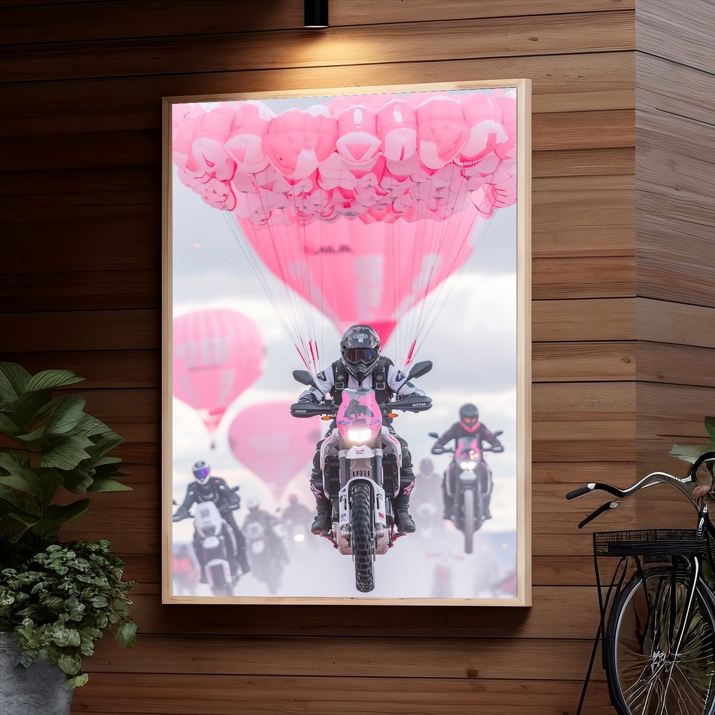 A motorcycle rally with numerous pink balloons suspended in the air, creating a striking visual contrast against the riders on their bikes below.
